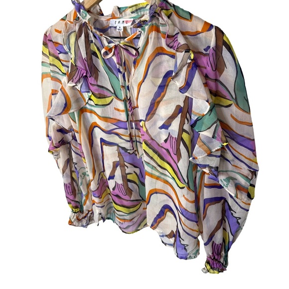 THML Abstract Multicolor Sheer Ruffle Blouse Tie Neck Long Sleeve Women’s Small - Picture 2 of 8